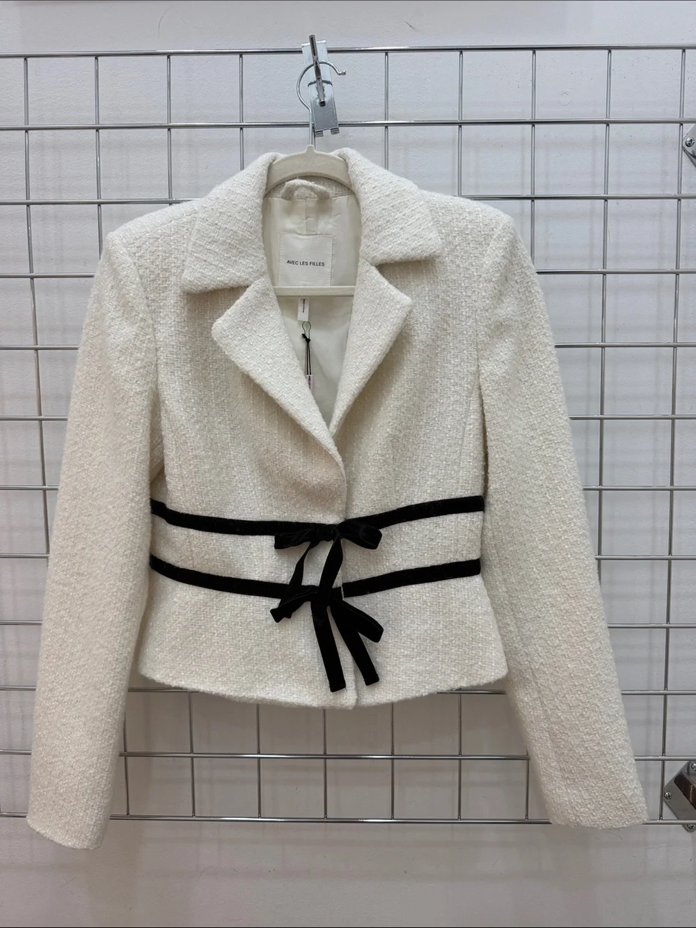 Avec Les Filles Ivory Bouclé Blazer with Black Ribbon Ties